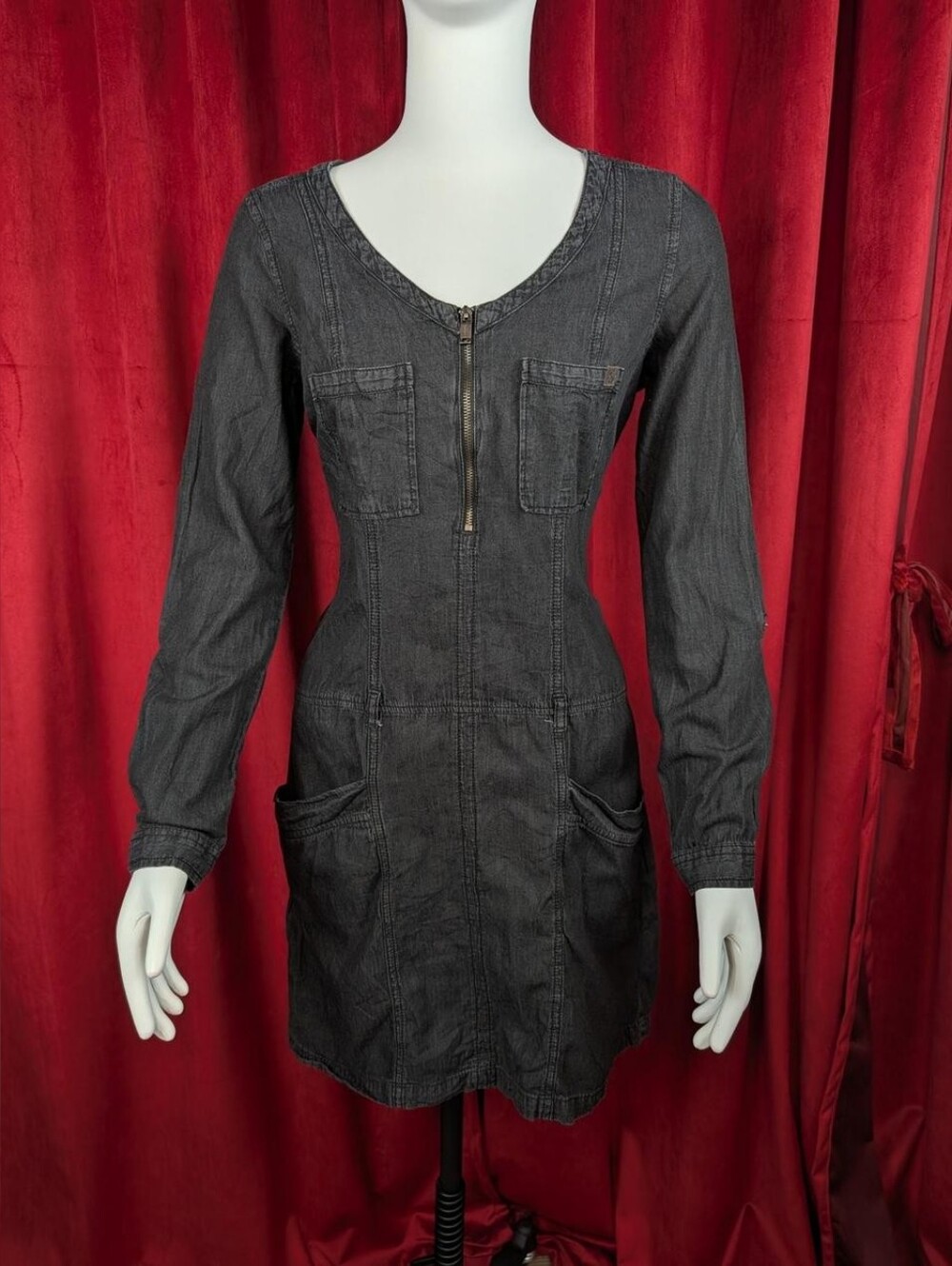 Cache Cache My Fashion Basic Black Long Sleeve Cargo Utility Dress